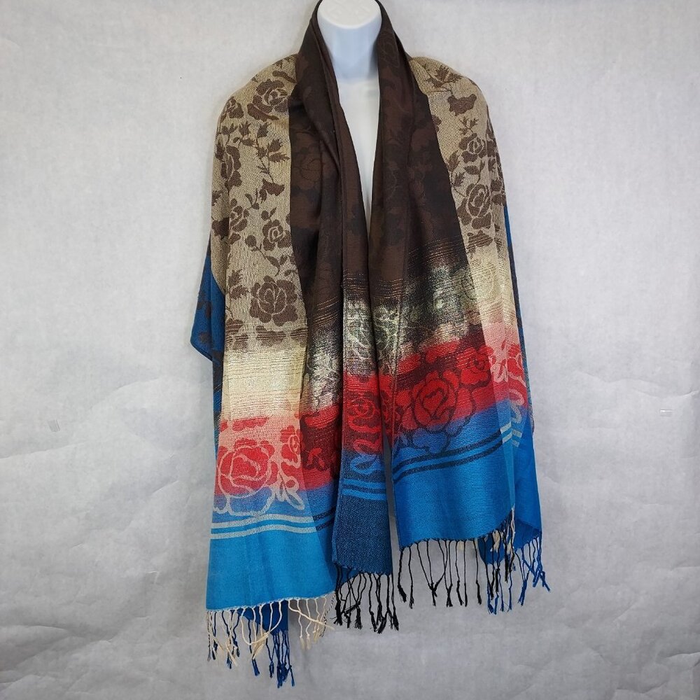 Pashmina 100% Cashmere Scarf Shawl Wrap Floral Reversible Glitter Fringe 74x26